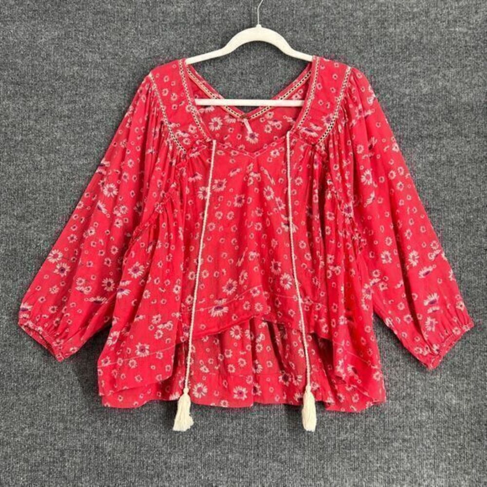 Free People Never A Dull Moment Blouse Womens Small Coral Peasant Boho Cottage